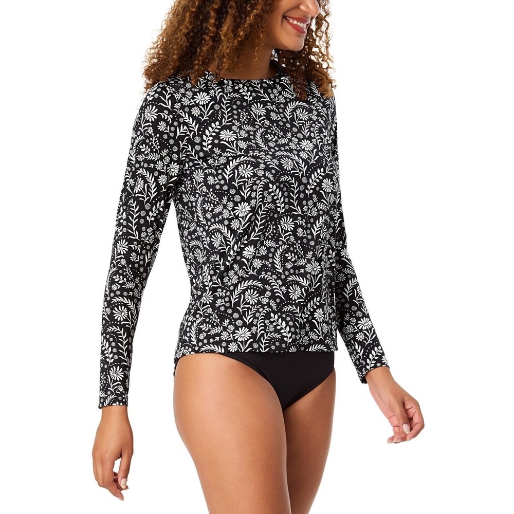 Lands' End Womens Black Floral Long Sleeve Rash Guard Swim Tee UPF 50 NWT Size L